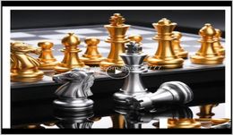 Tafel Vrije tijd Sport Schaakspellen Buiten Drop Delivery 2021 Middeleeuwse internationale set met schaakbord 32 gouden Sier-spellen Stukken 2892868