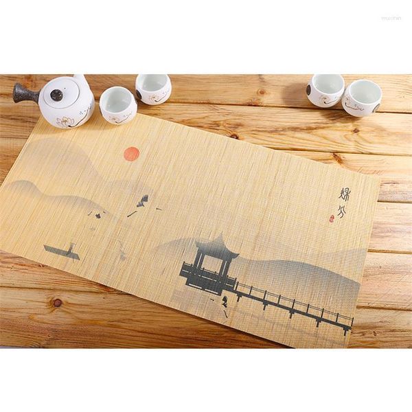 Tapetes de mesa, 1 Uds., servilleta de estilo chino, almohadilla aislante tejida a mano, tapete de impresión decorativo antideslizante de bambú, juego de té de 30 60cm
