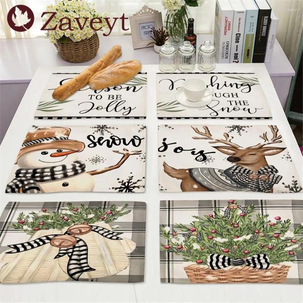 Tapetes de mesa 1 pieza serie de celosía verde tapete de comedor navideño decorativo Navidad alce muñeco de nieve Santa árbol mantel individual taza escritorio