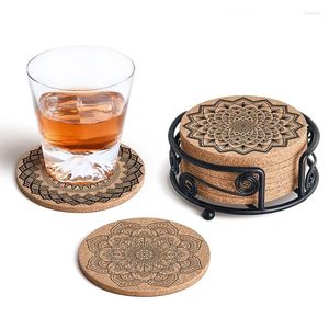 Tapis de table 12 pièces tapis de tasse nordique Design Mandala sous-verres en liège en bois de forme ronde avec soucoupe de support pour la décoration de thé de café