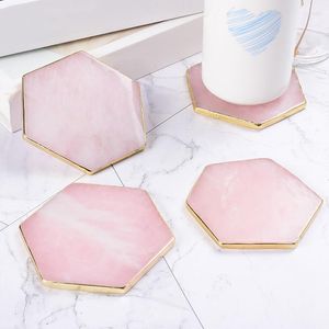 Tapetes de mesa, 1 unidad, portavasos de piedra preciosa rosa Natural de cuarzo rosa, bordes dorados, bandeja de té de ágata con piedras preciosas para cocina, decoración del hogar