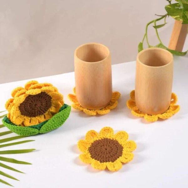 Tapis de table 1 pièce rond tricoté tournesol thé tasse à la main artisanat ensemble cuisine crochet tapis à tricoter