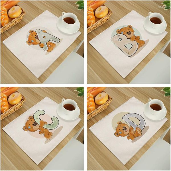 Manteles individuales con 26 letras en inglés, manteles individuales de oso bonito para cocina, manteles de lino delicados para comedor, taza de té, cuenco, 42 32cm