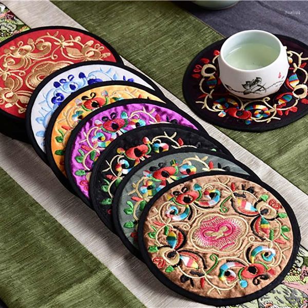 Table Mats 2 Pcs Style Chinois Broderie Table Durable Vintage Ethnique Floral Design Tasse Pad Cuisine Accessoires HomeDecoration