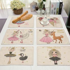 Table Mats 2pcs mignon fille coton lin pad motif de cuisine placemat kawaii bol tasse tapis dining 30x40cm décoration intérieure