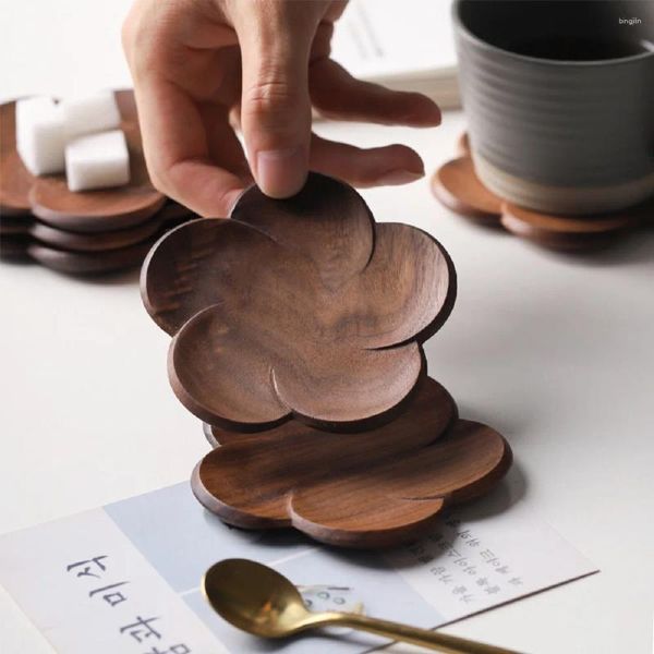 Tapetes de mesa Posavasos de 3 piezas para tazas Patrón de flores de madera Bebidas de madera de nogal negro natural Té Café