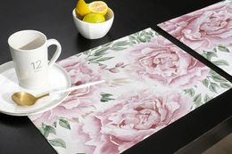 Tapis de Table 4/6 pièces, ensemble de jolies Roses roses, tapis de jardin Floral pour salle à manger, accessoires de cuisine, linge de maison, napperon, tampons à thé