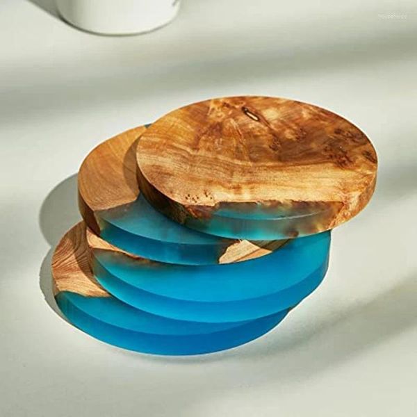 Tapetes de mesa 4 PCS Posavasos de madera con resina epoxi azul para bebidas Bar moderno Cocina Apartamento en casa