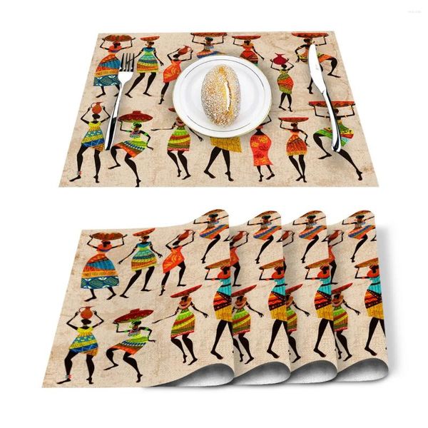 TABLEAU MATS 4 / SET ETHNIQUE Africains Femmes Imprimé en coton Linon Claipin Accessoires ACCESSOIRES DE PLACES DÉCORATIFS DÉCORATIFS