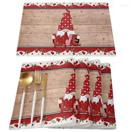 Tafelmatten 4 stks Happy Valentines Day Placemat Truck Gnome houten korrel gestreepte bedrukte warmte-geïsoleerde waterdichte niet-slipmat