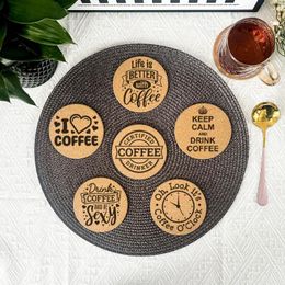 Esteras de mesa 6pcs/set creative grabado Me encanta el patrón de tema del tema del café posavasos redondos de corcho para tazas tazas de bebida y vajilla