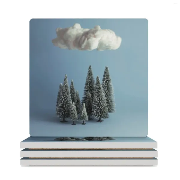 TABLEAU MATS Un nuage sur les sous-verres en céramique de forêt (carré) régler les tasses à thé blanches pour boire un verre