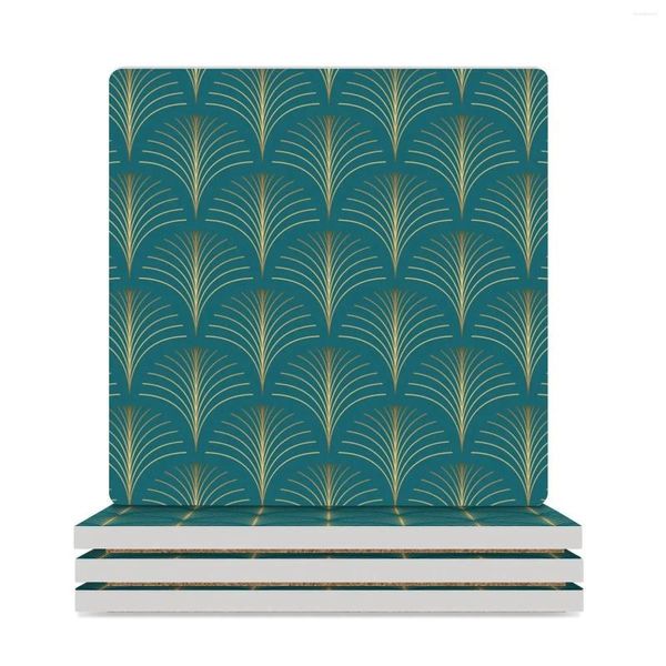 Tapetes de mesa, abanicos florales dorados Art Deco y posavasos de cerámica verde turquesa (cuadrados), tapete para tetera a granel, taza personalizada