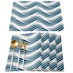 Tapis de Table Artistique Bleu Courbe Lignes Rayures 4/6 pcs Pad Pour Salle À Manger Maison Cuisine Décor Accessoires Napperons En Lin