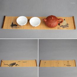 Tapis de Table en bambou, napperon imprimé Lotus, imperméable, accessoires de cérémonie du thé, fait à la main, pour la maison