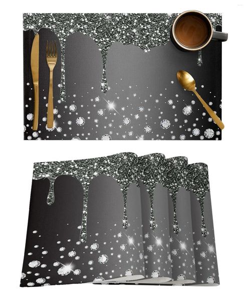 Tapetes de mesa con textura de gota de diamante brillante negro, accesorios de decoración para comedor y cocina, manteles individuales resistentes al calor, 4/6 Uds.