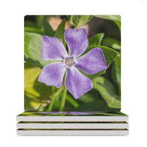 Tapetes de mesa Blooming Vinca Major Pretty Purple Wild Flower Posavasos de cerámica (cuadrados) Juego de tazas para plato de té