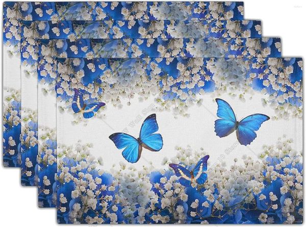 Alfombrillas de mesa azul mariposa flores blancas colocar una colchoneta de 4 manteles para comer accesorios de almohadilla de aislamiento de calor duradero 12 x 18 en