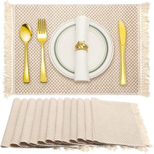 Sets de table Boho en macramé, lot de 4 sets de table tissés beiges, lavables et résistants à la chaleur avec pompons