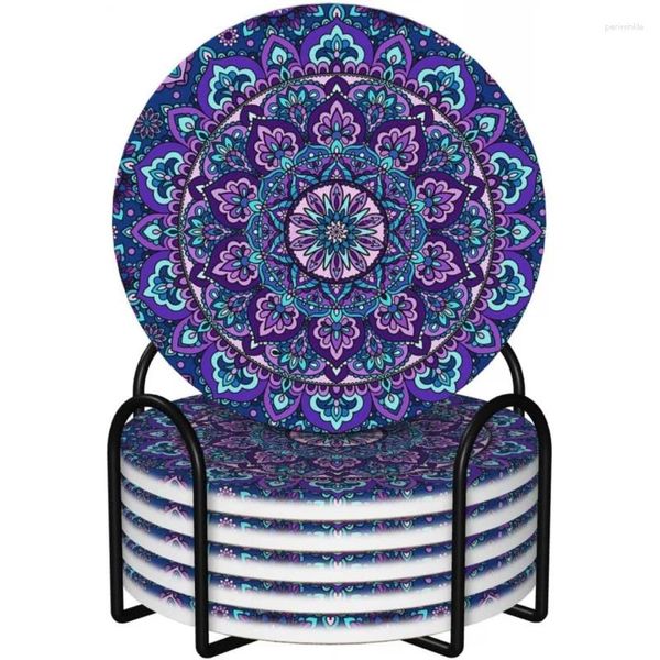 Table Mats Boho Mandala Coasters pour les boissons avec support 6 pack Absorbant Céramique Absorbe de pierre Cork Base Gift Home Decor