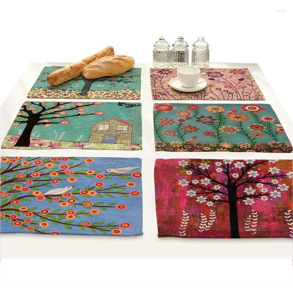 Manteles individuales de cocina con diseño de flor de pájaro y árbol de la vida de dibujos animados para comedor, accesorios rectangulares de tela, tapetes para tazas
