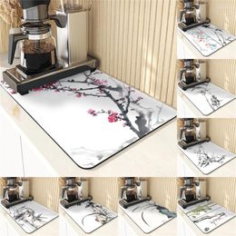 Tapis de Table de Style chinois, tapis de séchage absorbant, napperons de cuisine, évier, terre de diatomée, motif de plante, plat en Silicone