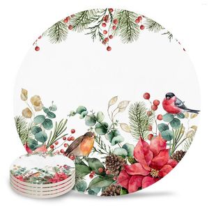 Tapetes de mesa Navidad eucalipto bayas Robin taza de bebida de cerámica redonda almohadilla de café tapete de té mantel de cocina decoración 4 Uds