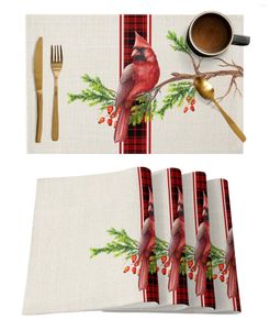 Table Tableau de Noël Red Plaid Bow Cardinal Bird Kitchen Dining Decor Decor Accessoires 4 / 6pcs Placemat Table Voleille résistante à la chaleur