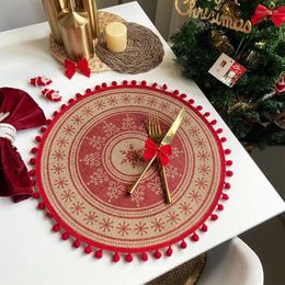 Placemats Kerst Vintage Jute Placemat Ronde antislip geïsoleerde mat voor thuisvakantie Feestdecoratie