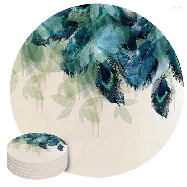 Tapis de Table sous-verres pour boissons absorbant rond avec Base en liège plume de paon sarcelle Floral feuille verte café