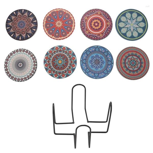 Tapis de table dessous de verre pour boissons ensemble de 8 pierres absorbantes en bois Mandala en céramique avec base en liège