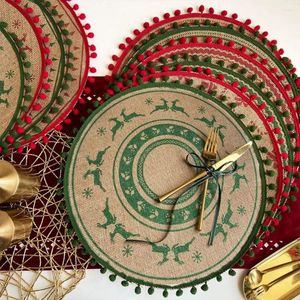 Tapis de table en coton et lin en jute de Noël - Vintage rond avec boule - Tapis décoratif rétro - Isolation thermique - Rouge et vert tissé pour la maison