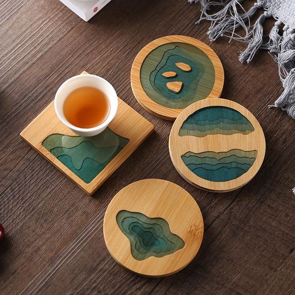 Tapetes creativos de resina epoxi transparente de bambú redondo soporte para taza de té juego de agarraderas suministros de accesorios de ceremonia