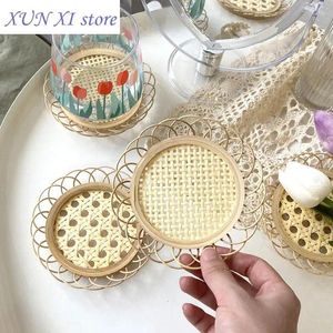 Tapis de Table, tapis de tasse, sous-verres tissés en bambou, napperon en macramé de Style japonais, support de bureau, tampons antidérapants résistants à la chaleur, accessoires Po