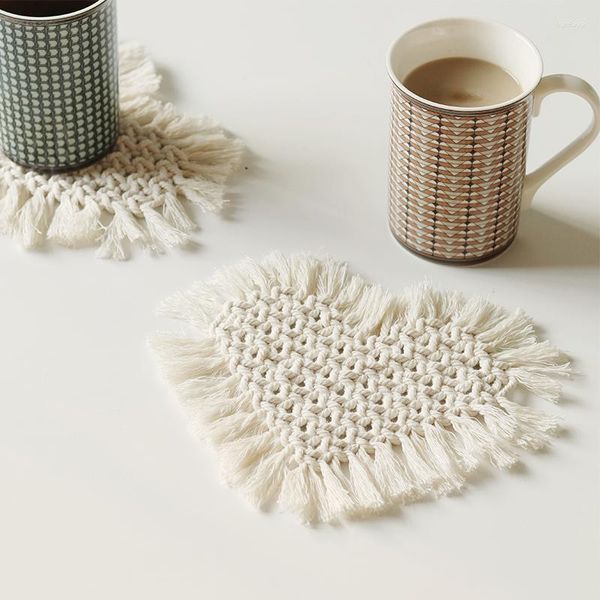 Tapis de table DUNXDECO Amour Set de table Café Lait Thé Tasse Pad Tapis d'isolation thermique Chaud Maison Coeur Forme À La Main Coton Tissé Cuisine Ensemble