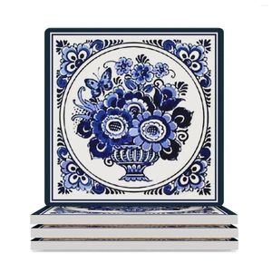 Table Mats hollandais Bleu Delft: Tapon de fleur vintage et Couvre-Coasters en céramique à imprimé papillon (carré) Holdants de tasse à thé de fleur mignon ensemble