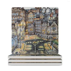 Placemats Edinburgh Old Town keramische onderzetters (vierkant) op maat gemaakte houder bekerset voor koffiekopjes