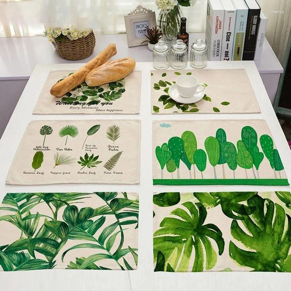 Tapetes de mesa con hojas verdes, tapete para comedor con estampado de plantas tropicales de Cactus, Mantel Individual, posavasos de lino y algodón, accesorios de cocina