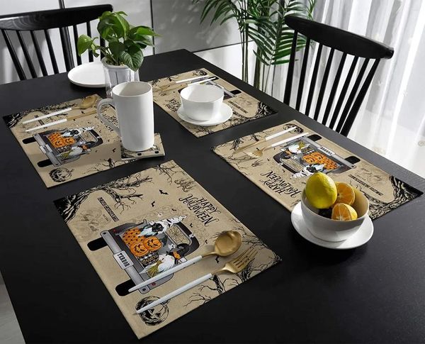 Mujas de mesa Phillemats lavables de Halloween para comedor de 4 piezas felices camiones de calabaza gnomo con sombreros de brujas murciélagos vintage