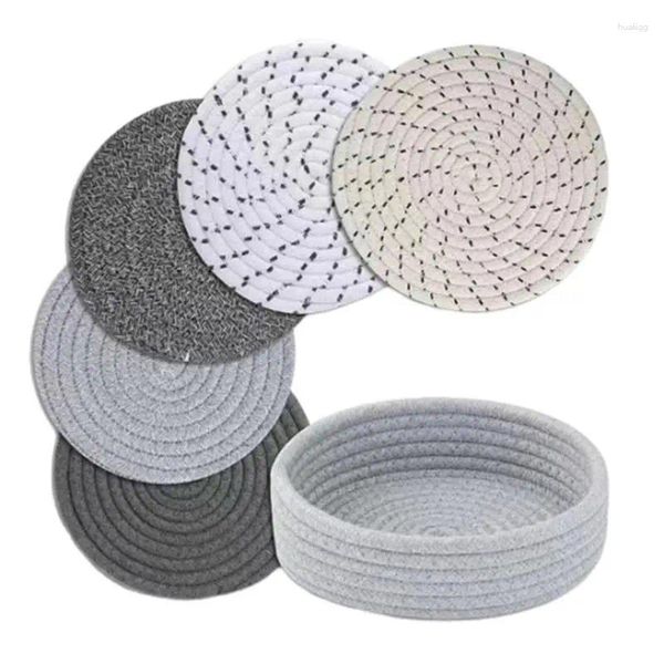 TABLEAU COUPS FAITES FAUSÉS FAITES À MAINS 5 PCS BOISSE ET PLACEMATS 7,08 pouces Coton Corde Absorption d'eau Round Home Decor