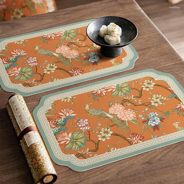 Manteles de mesa Hydrangea Faux Placemats Set de 2 Naranja Floral Bird Estilo chino Impresión digital resistente al calor para fiesta familiar