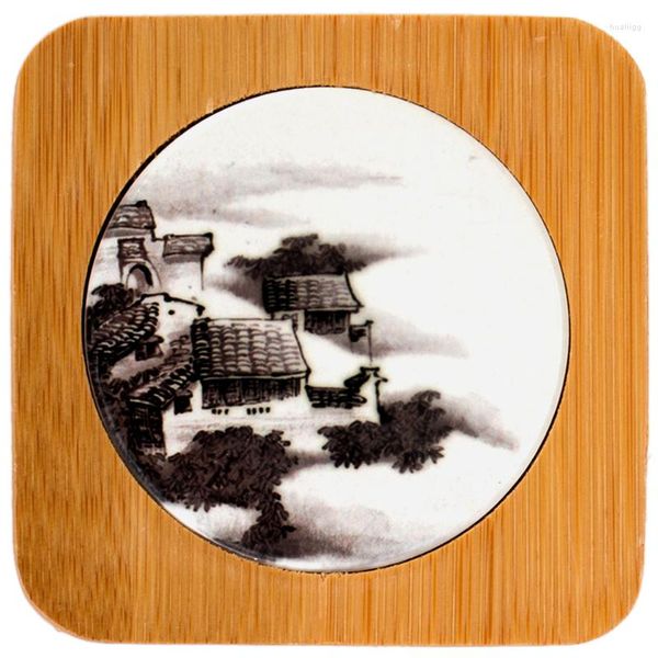 Tapetes de mesa Jiangnan tinta de madera de bambú con incrustaciones de cerámica tapete de taza de té estilo chino clásico artesanía Base cuadrada ceremonia del té utensilios