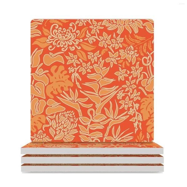 Table Mats Kauai Morning Hawaiian Protea Floral - Papaya Ceramic Coasters (Square) for Ceramics Drink Set Stand Christmas