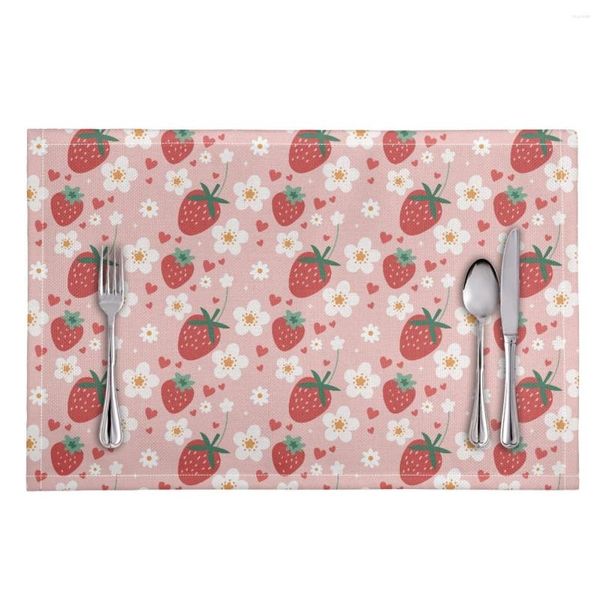 Tapetes de mesa, manteles individuales rosas de cocina, patrón de fresa con estampado de alta calidad para tapete de comedor con aislamiento térmico de poliéster