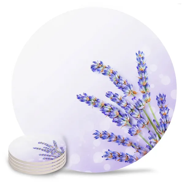 Juego de manteles individuales de cerámica con flores moradas y lavanda, manteles individuales redondos para cocina, decoración de lujo, posavasos para taza de té y café