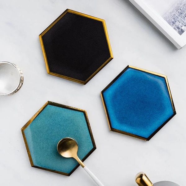 Tapetes de mesa con borde chapado en oro de lujo, taza de café hexagonal elegante de cerámica, almohadilla antideslizante con aislamiento térmico, decoración INS