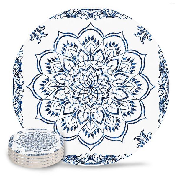 Table Mats Mandala rétro Blue Bohemien Céramic Set Cuisine Round Placemat Luxury Decor Coffee Tea taste Coasters