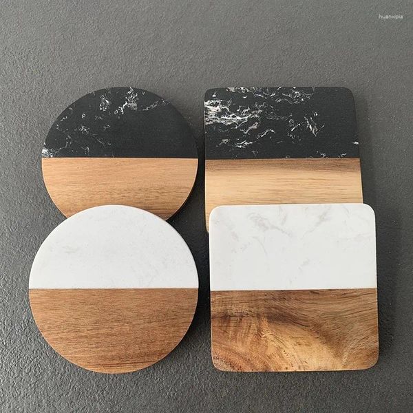 Tapetes de mesa con costuras de madera de mármol, manteles individuales cuadrados y redondos para café y té, adorno de decoración de escritorio para el hogar