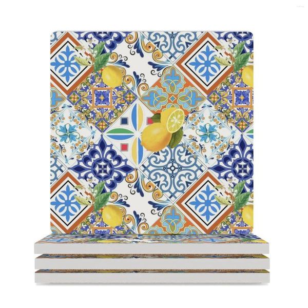 Tapetes de mesa Azulejos mediterráneos Limones Posavasos de cerámica (cuadrados) Utensilios para el hogar Cocina para bebidas Soporte estético para tazas de café