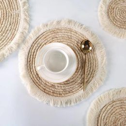 Tapis de Table moderne et Simple, napperon en paille, coque de maïs tressée, bord de pompon, épais, isolé, petite tasse de thé, tapis de coussin